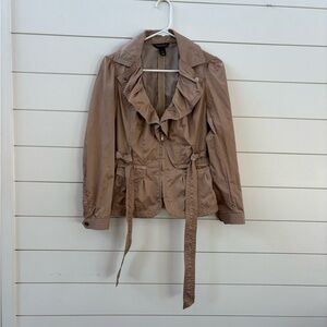 White House Black Market Tan Trench Coat with Ruffle